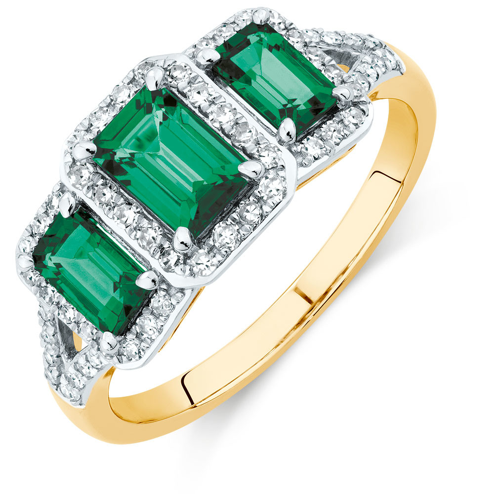 Three Stone Ring with Created Emerald and 1/4 Carat TW of Diamonds in 10ct Yellow Gold