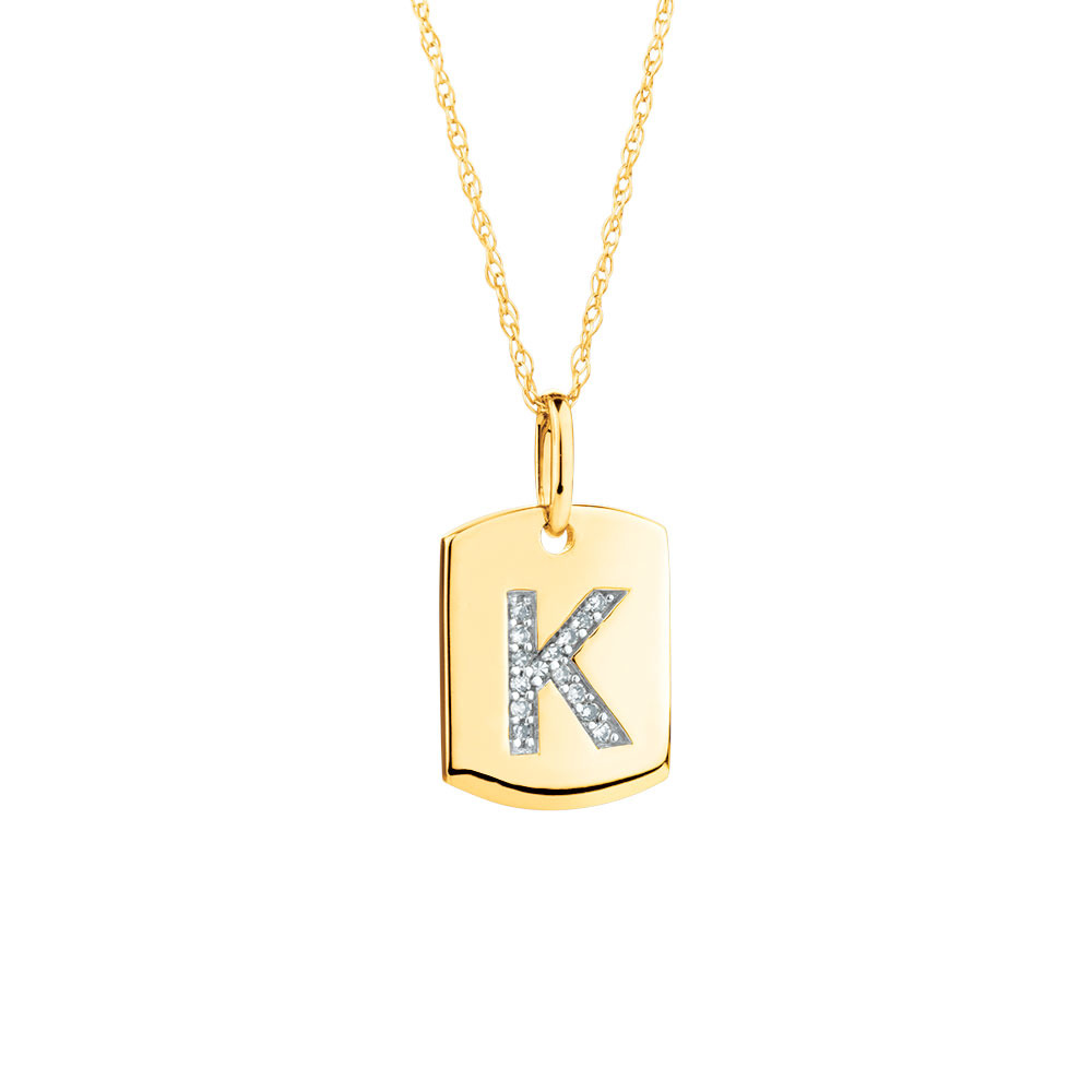 "K" Initial Rectangular Pendant With Diamonds In 10ct Yellow Gold