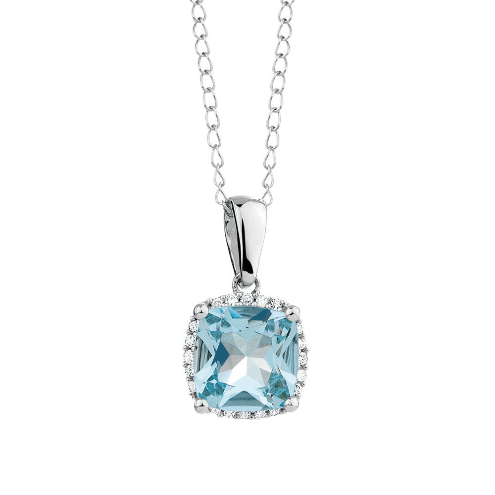Pendant with Aquamarine & Diamond in 10ct White Gold