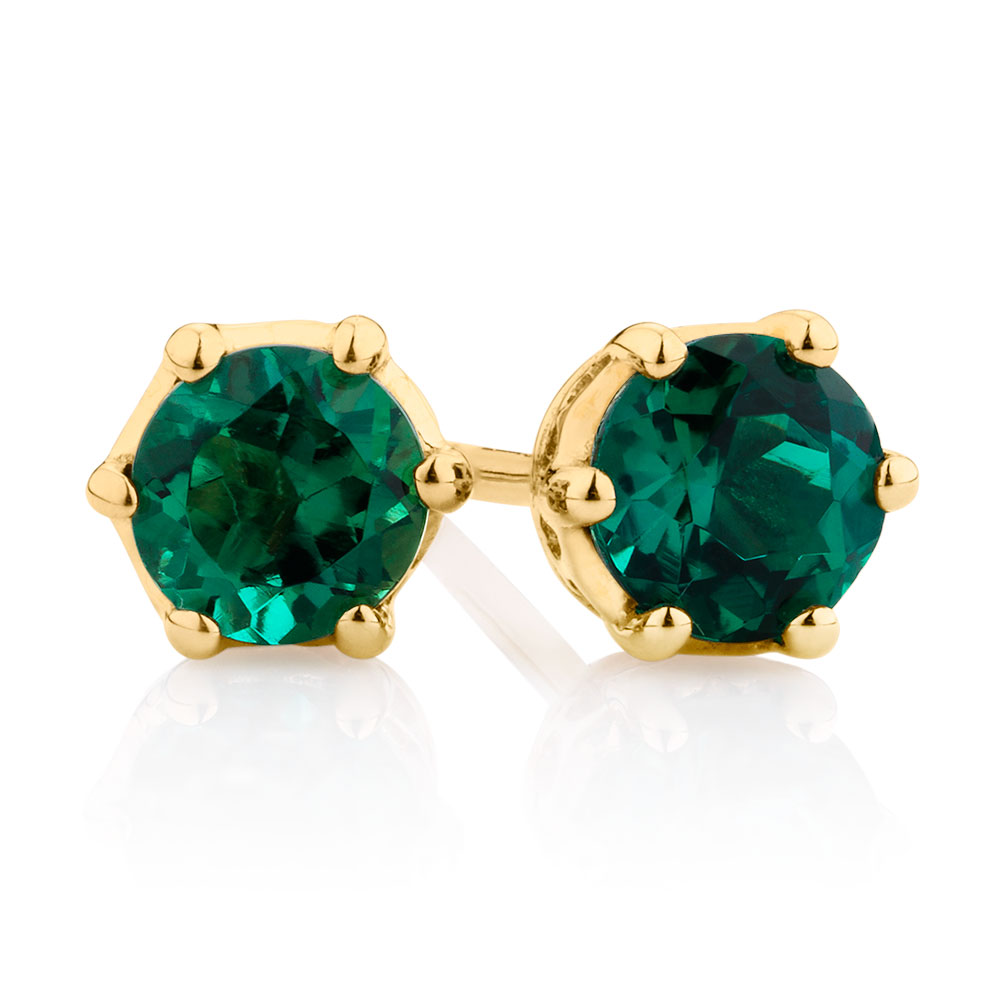 Stud Earrings With Created Emerald In 10ct Yellow Gold