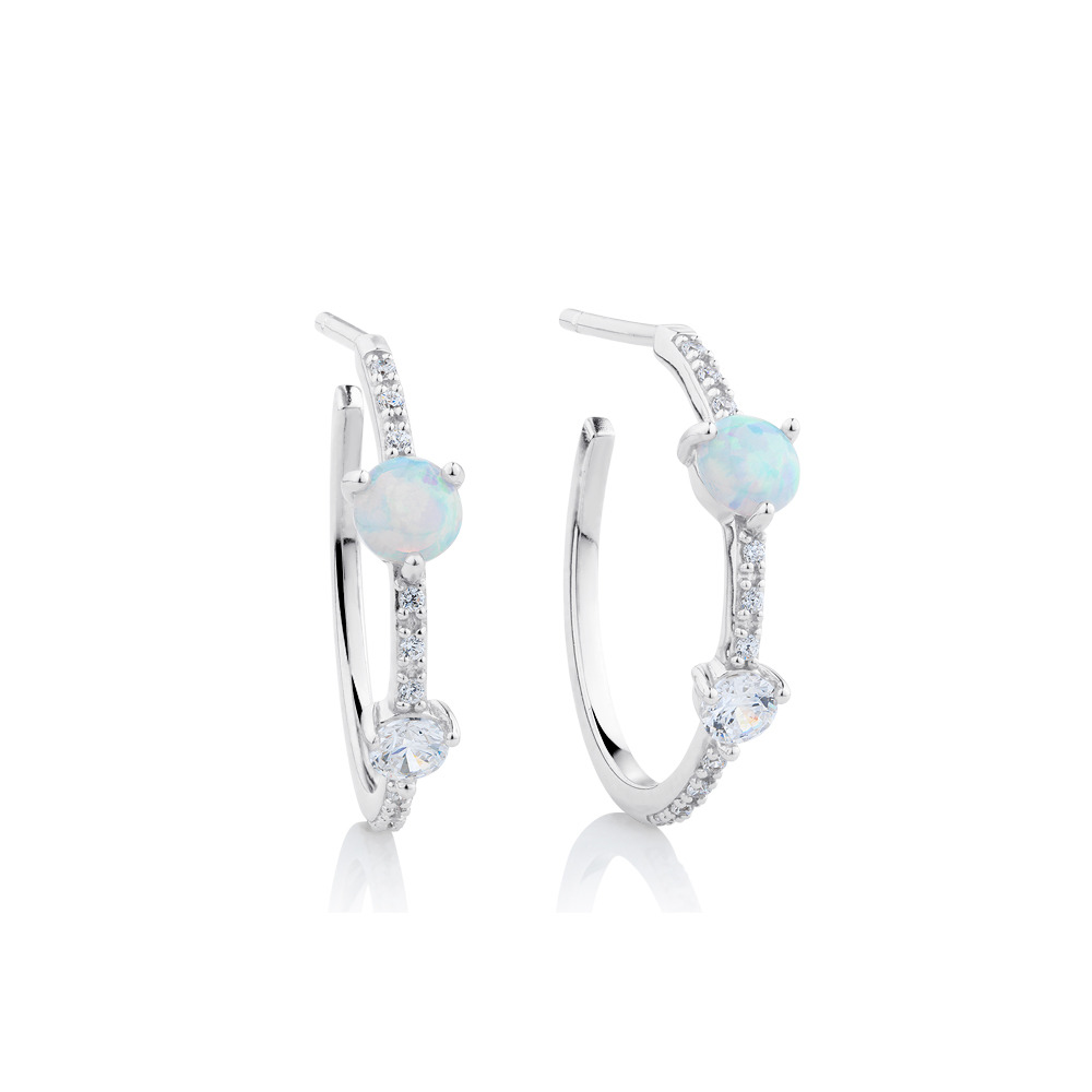 Hoop Earrings with Created Opal & Cubic Zirconia in Sterling Silver