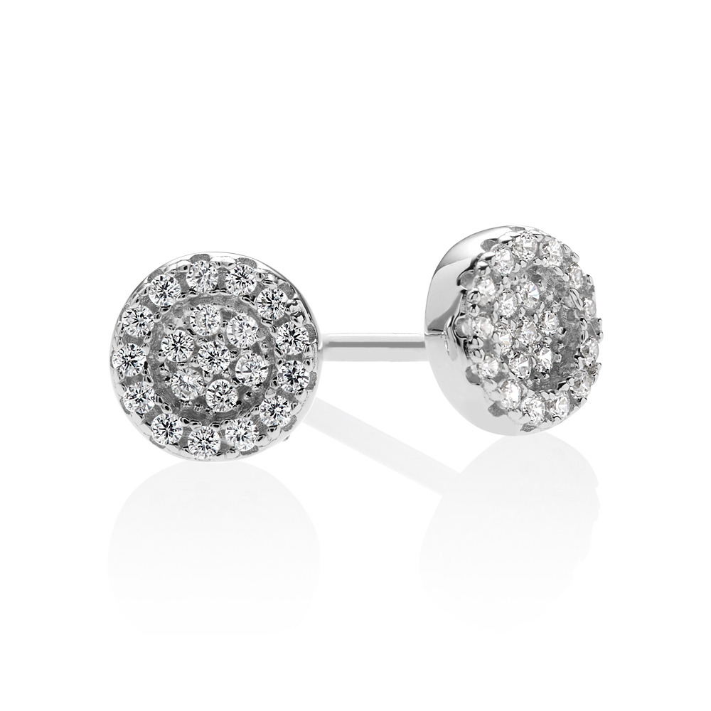 Pave Circle Stud Earrings with White Cubic Zirconia in Sterling Silver