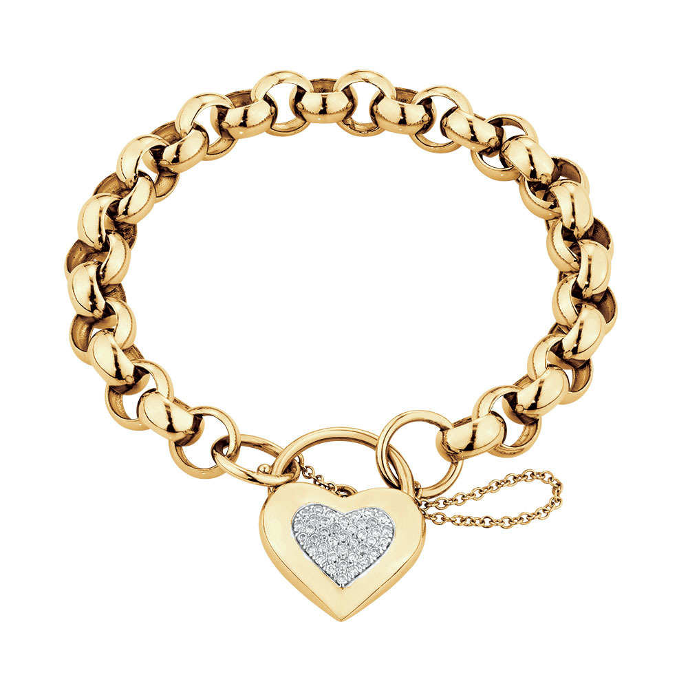 Belcher Bracelet with Diamond Set Heart Padlock in 10ct Yellow Gold