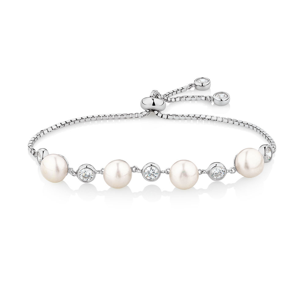 Adjustable Bracelet with Cultured Freshwater Pearls & Cubic Zirconia in Sterling Silver Adjustable Bracelet with Cultured Freshwater Pearls & Cubic Zirconia in Sterling Silver