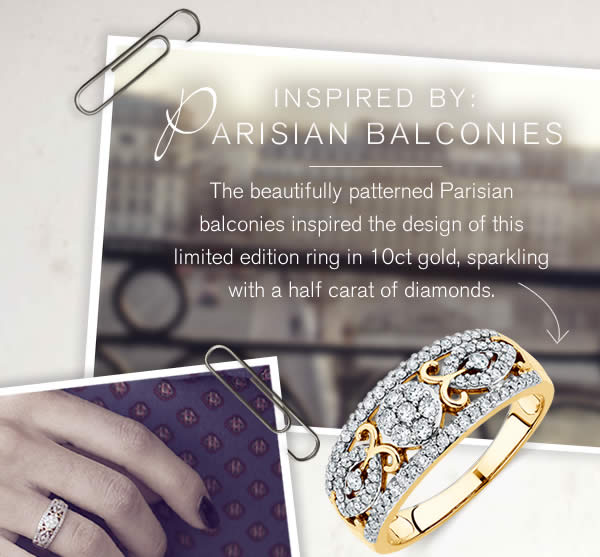 The beautifully patterned Parisian balconies inspired the design of this limited edition ring in 10ct gold, sparkling with a half carat of diamonds. 