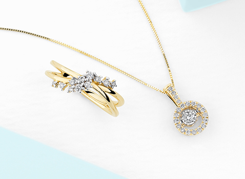 Yellow Gold Diamond Scatter Ring and Everlight Diamond Pendant Yellow Gold Diamond Scatter Ring and Everlight Diamond Pendant