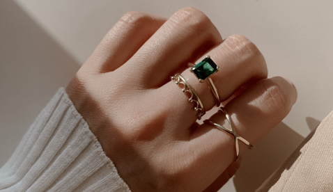 Emerald Ring and Yellow Gold Stacker Rings Emerald Ring and Yellow Gold Stacker Rings
