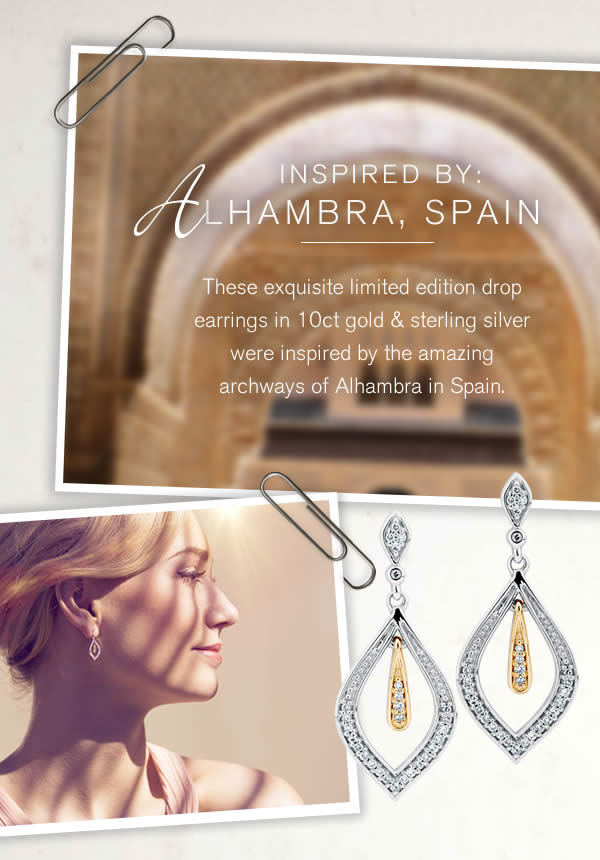 These exquisite limited edition drop earrings in 10ct rose gold & sterling silver were inspired by the amazing archways of Alhambra in Spain.