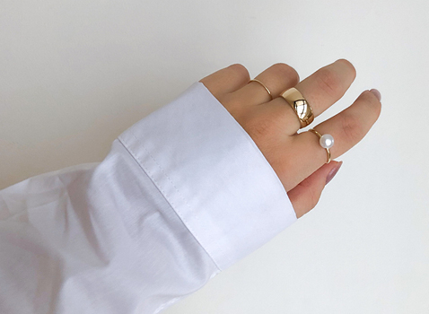 Yellow Gold Barrel Ring and Pearl Ring Yellow Gold Barrel Ring and Pearl Ring